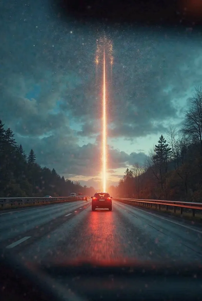 high quality, photorealism, 8k, great detail that amazes with its realism. shooting from the car's video recorder: a meteorite flies over the highway on which cars are traveling. Photography with the video recorder.