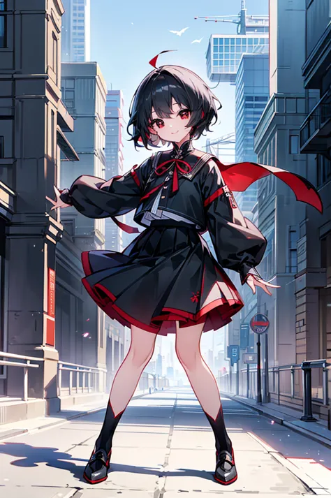 masterpiece, highest quality, highest quality, (no text), Beautiful and aesthetic:1.2),no text,anime、break,anime、break、one woman、black hair 　short hair　 trevally 　beautiful eyes　Red and Black　red eyes, cool smile　black clothes　 skirt full body outdoor