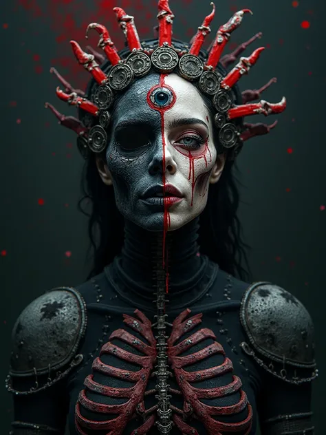 Beautiful Female cosmic entity,crown made from knives with eye of Providence in the middle of her forehead,half skull half face,spilled with red and black fluid,dark makeup,dark surrealism,dark realistic photography, dark occult art,melancholic dark art, s...