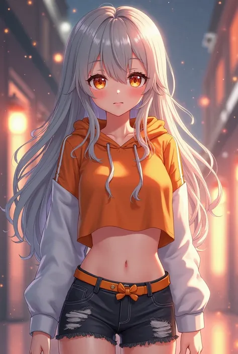 "A beautiful anime-style girl with long, silky silver hair and orange highlights. She has striking golden eyes and a delicate, youthful face with a soft blush. She is wearing a stylish orange cropped hoodie with white sleeves and ribbon accents, revealing ...