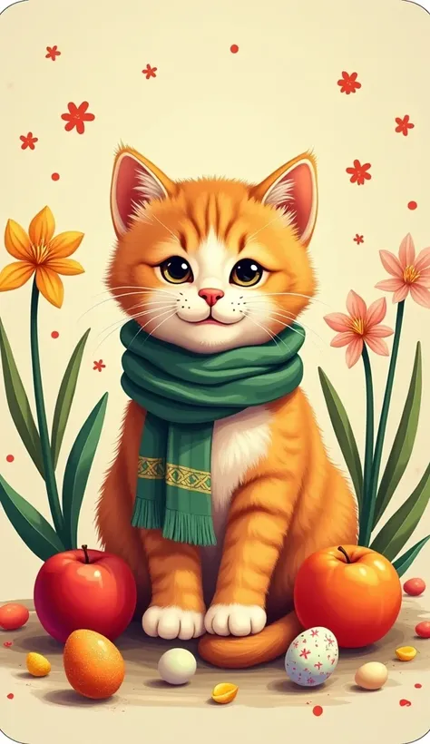 "Unique Nowruz mouse pad design featuring a playful Persian cat wearing a traditional Nowruz scarf, surrounded by Haft-Sin elements (apples, eggs, hyacinths), vibrant spring colors (pastel green #E6F3D6, warm orange #F4A261, soft yellow #F8E1A1), ultra-hig...