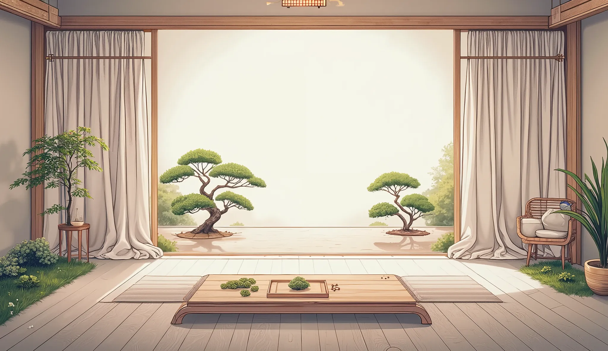 illustration in soft colors predominating , minimalism of a Japanese style living room with window to see the minimalist Japanese garden with bonsai trees, the stage evokes energy and elegance