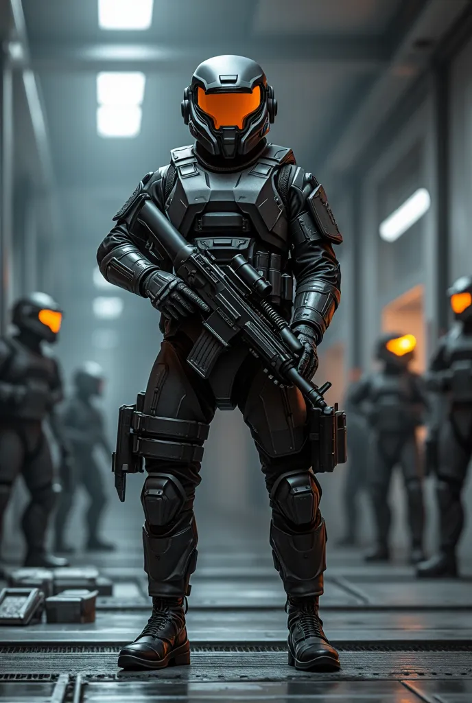 Futuristic senior officers in matt black ballistic armor (with light scuffs and scratches), Their helmet is designed in a high-tech style with a protective tinted visor and built-in infrared sensors. He holds a massive futuristic gun with a bright orange b...