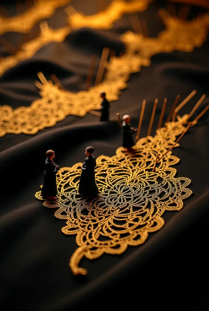 A grand embroidery workshop with oversized needles piercing luxurious black fabric, weaving intricate golden patterns. Tiny artisans stand on the fabric, guiding the embroidery threads with precision. The scene is illuminated by warm golden lighting, showc...