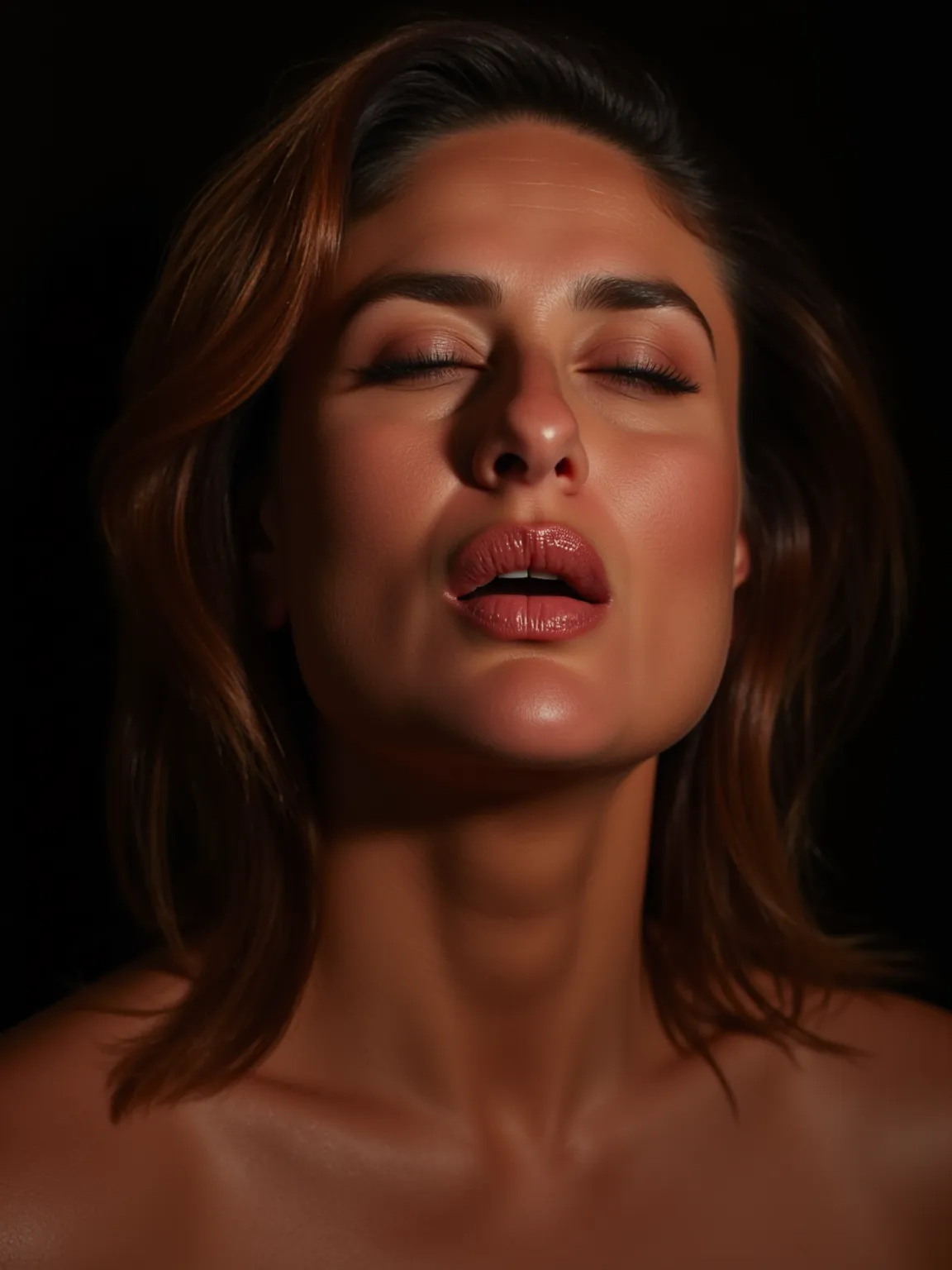 Hyper-realistic erotic photography,  close-up of the face, hair and upper body only.
Beautiful college model, intense orgasmic facial expression, tense and moaning, eyes partially closed seductively, eyes rolled back in ecstasy.