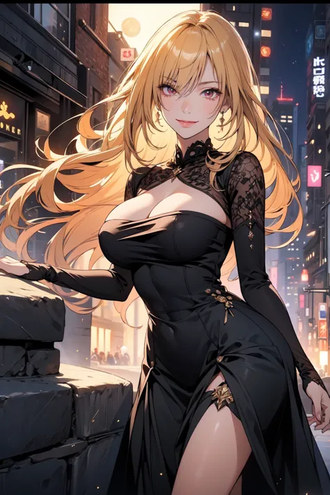 (  Masterpiece Master  ) (Create, Highest) resolution, Red Eyes, god々  dress,   urban background,  playful ,Staring at the viewer with your whole body,big breasts,16k,Super Detail,  DETAIL DESIGN    ,Cinematic Lighting,big breasts,  it makes my eyes shine ...