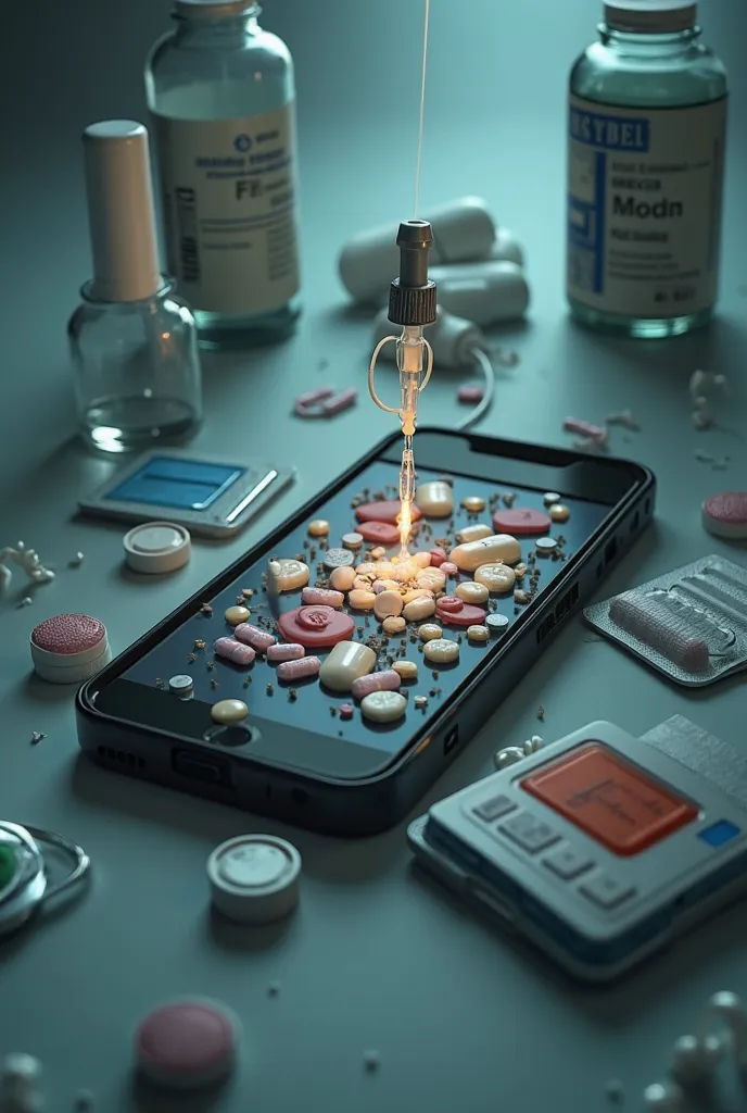 The phone shows pills, capsules and medications on the screen. has a serum dropper connected to as if the phone were hospitalized