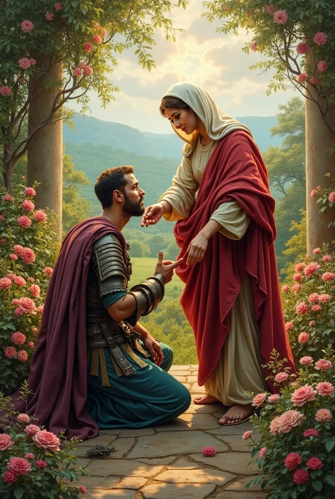 Generate a picture of the Virgin Mary looking after a Roman soldier from a flower garden!