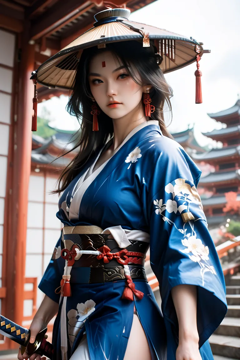 masterpiece, Top Quality,  beautiful woman ,  character emphasis , One person, upper body, long hair, samurai, Ninja,  Japanese Armor ,,In a pose holding a sword, Dynamic Angle, focus on your face,  Moonlit Night, Ancient Kyoto