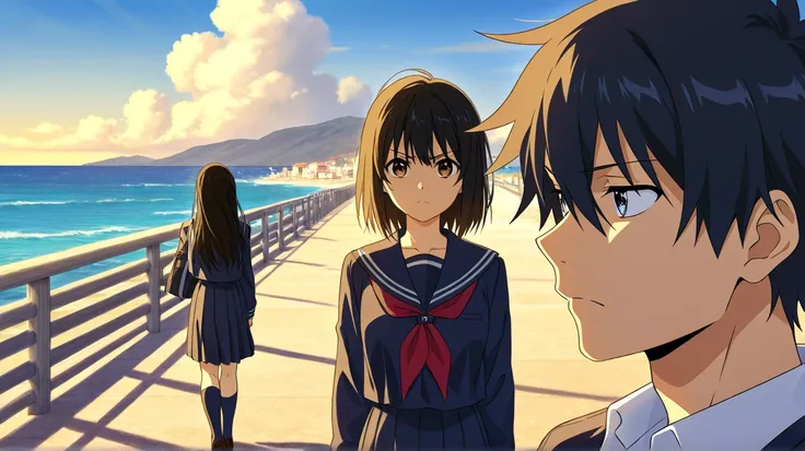 2 high school students, male and female, wearing school uniforms, seaside, dark hair, serious expression, active