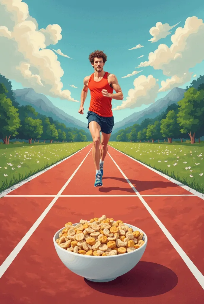 A runner crossing a finish line (representing quick energy), an image of a human brain (representing brain function), and a bowl of whole grain cereal (representing dietary fiber).   Make a landscape poster or picture based on the description above.