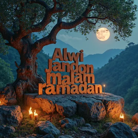 The word "ALWI" is above the word "JANDON", stacked and attached to each other, below it is the word "MALAM RAMADAN" which is smaller in size, stacked and touching the word above it, made of smooth teak wood, standing on a rock. Behind the letters is an oa...