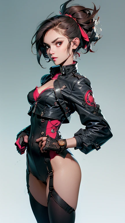  steampunk, high quality,  Masterpiece ,   very accurate ,    Beautiful 8K computer art,  perfect anatomy,  perfect configuration,   grey eyes，  black short hair， steampunk  ，with a large ribbon on the head，  high waist ，  two-tone jacket ，Large  ，lots of ...