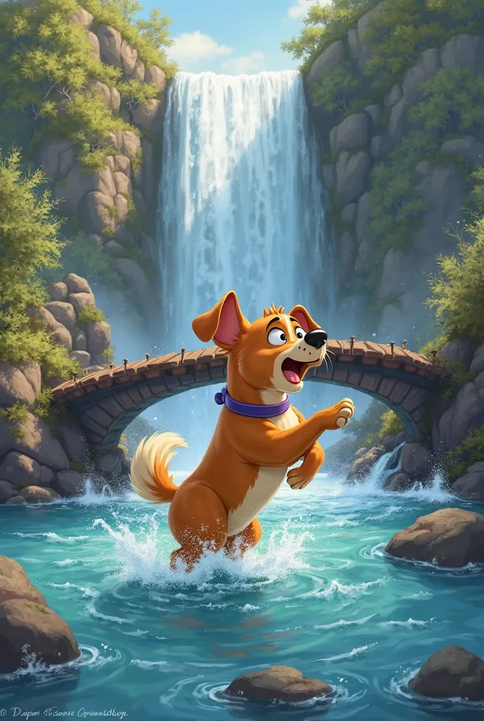 My pet dog falls into the water as it walks on the bridge. Disney portrait
- Waterfall, Waterfall and Sail Image 
- The dog's face is shocked and depressed