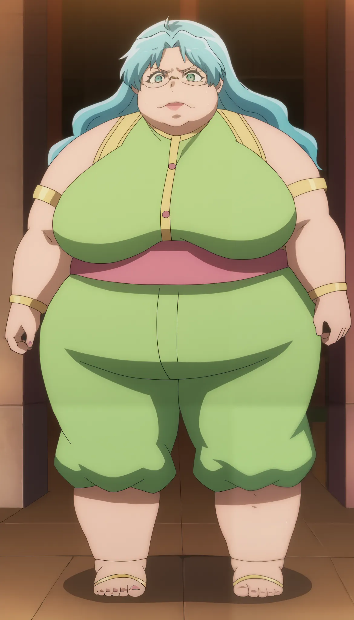 Phryne Jamil, score_9,score_8_up,score_7_up,score_6_up, source_anime, woman, long hair, aqua hair, aqua eyes, round glasses, tattered village clothes, wrong out clothes,
 anime screencap, anime coloring, giant hands, giant feet, fat, chubby, obese, giganti...