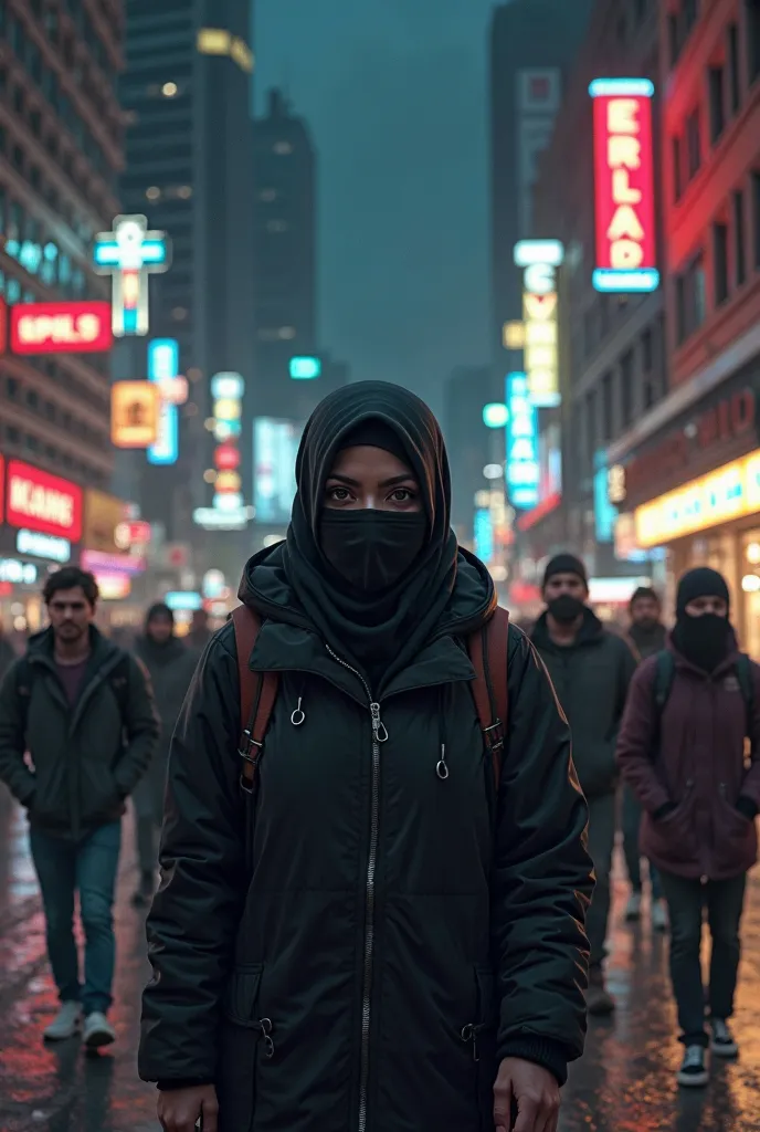 Realistic depiction of a modern city at night. People are walking on the pedestrian zone and there are vehicles on the street. A covered Muslim woman walks towards the camera. The people behind the covered woman look at her with evil eyes and mock her. The...