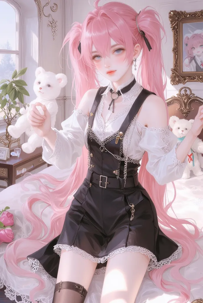  ,1The girl ,  Molding   ,  Proportional body, , , , off-the-shoulder waistcoat with a tight grip.,   Selfless face   , Yellow-white skin     , long pink hair ,  twintel hairstyle ,   ,    ,    , Wear a tight dress in the style of fringes,  Cat Collar,  , ...