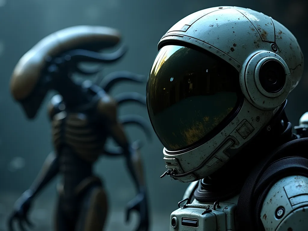 From the front, the astronaut's helmet has a delicate surface, and the mirror-like material reflects the outline of the Xenomorph, as if lurking in the dark.