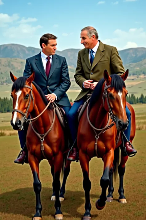 President-elect Calin Georgescu and Vladimir Putin, both in cheerful moods, laughing heartily as they ride horses side by side, set against a scenic outdoor background with rolling hills and a clear sky, detailed and vibrant colors, realistic style."

