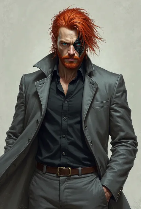 realistic portrait, tall man with fiery red hair, blue eyes, side mask, wearing a black shirt with a gray jacket and gray pants