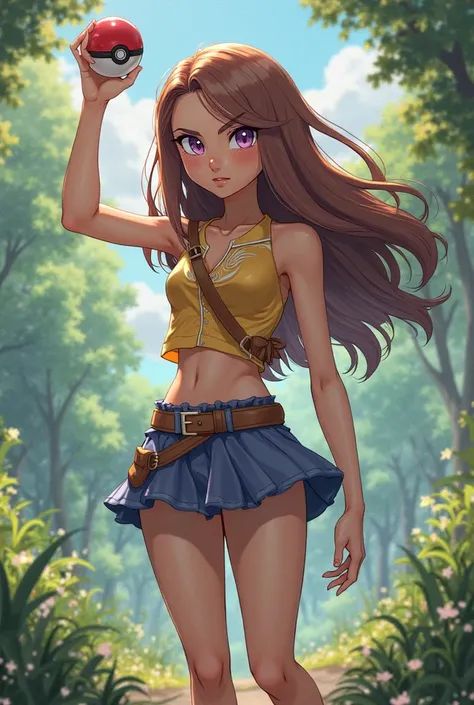 Girl pokemon trainer holding pokeball with brown hair and lilac eyes