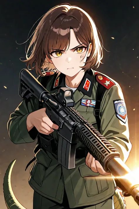 Dinosaur horn, brown hair, a man in his 20s,  Korean military uniform , M416 rifle, dinosaur tail