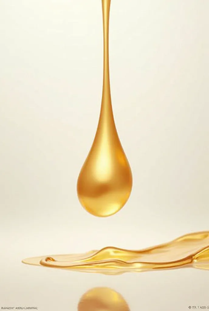 I want an ultra-realistic image of an elongated drop of gold in the air falling on a white surface with gold ripples on one side of the image and on the rest of the image, just white shaded with gold.