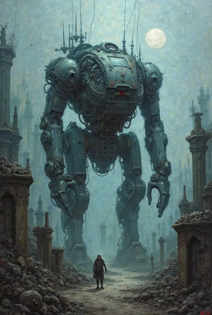 oil painting, Necromechanics genre. Dark Fantasy. A giant tank with three guns is being built in a huge necropolis. Visual production. cold,  Biomechanics .