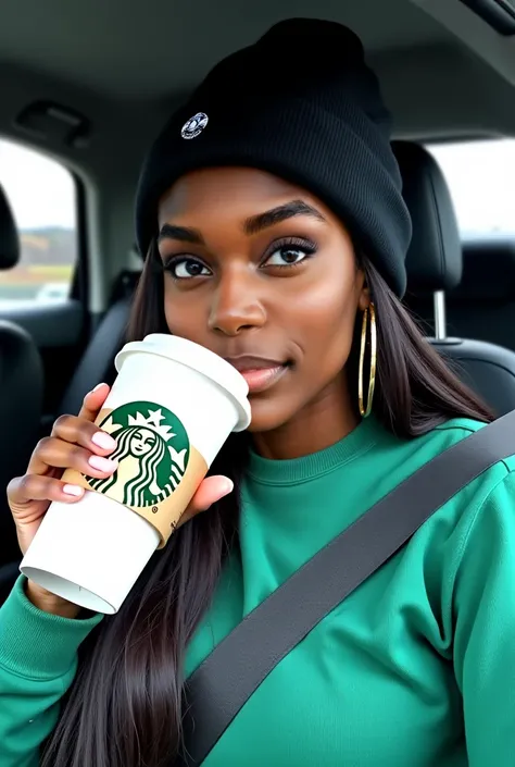 A majestic black-skinned woman, blue eyes, very big boobs,  inside a car, wearing a green sweatshirt and a black beanie with a small logo. She has long black hair and wears gold hoop earrings. She holds a Starbucks coffee cup with white lid and cardboard p...