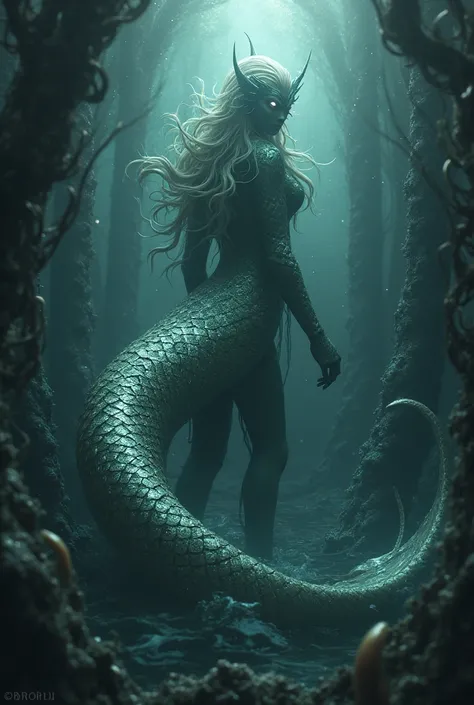 do not reveal the face of the siren. only the tail but make it eerie