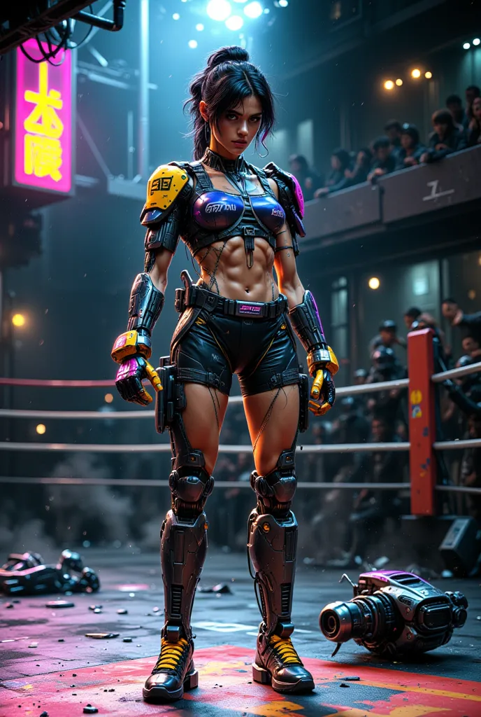 In the engineered world of cyberpunk, a stunning female boxer wears a running shirt, shorts and ring shoes emblazoned with the logos of numerous sponsors. She wears heavy-duty high-tech combat gloves made of steel and titanium. Her toned abs and muscular p...