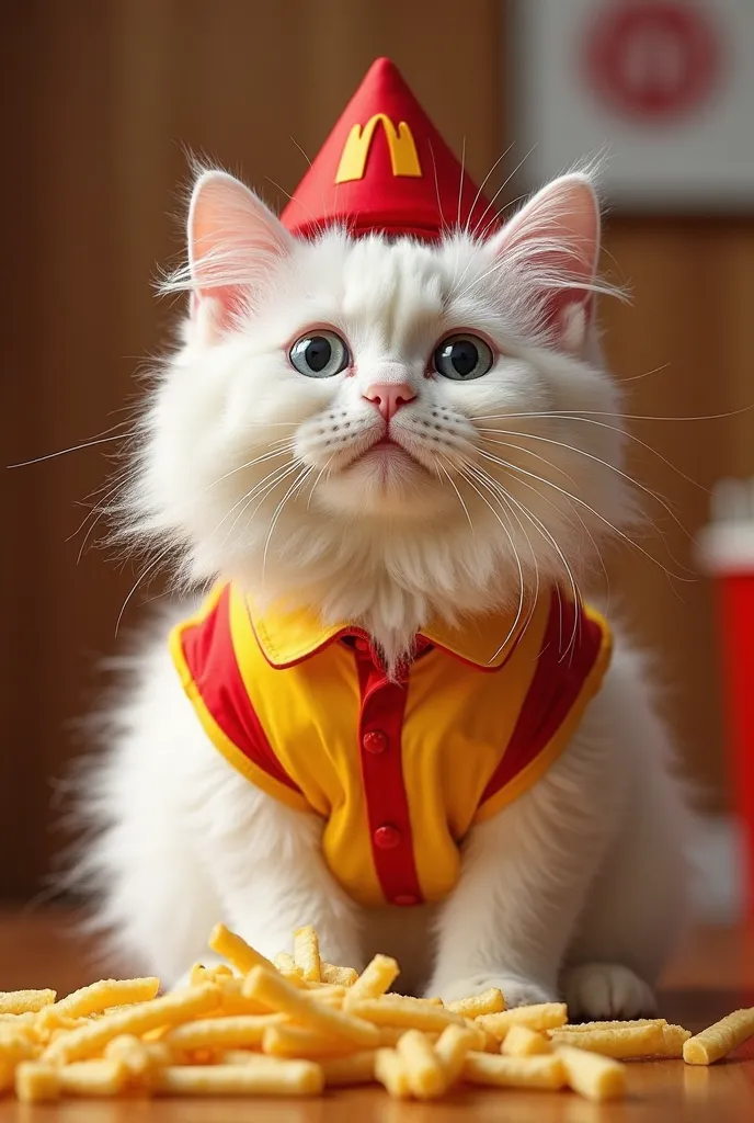 white fluffy cat,wearing a mcdonald cap and costume and ret fries,background Mc donalds