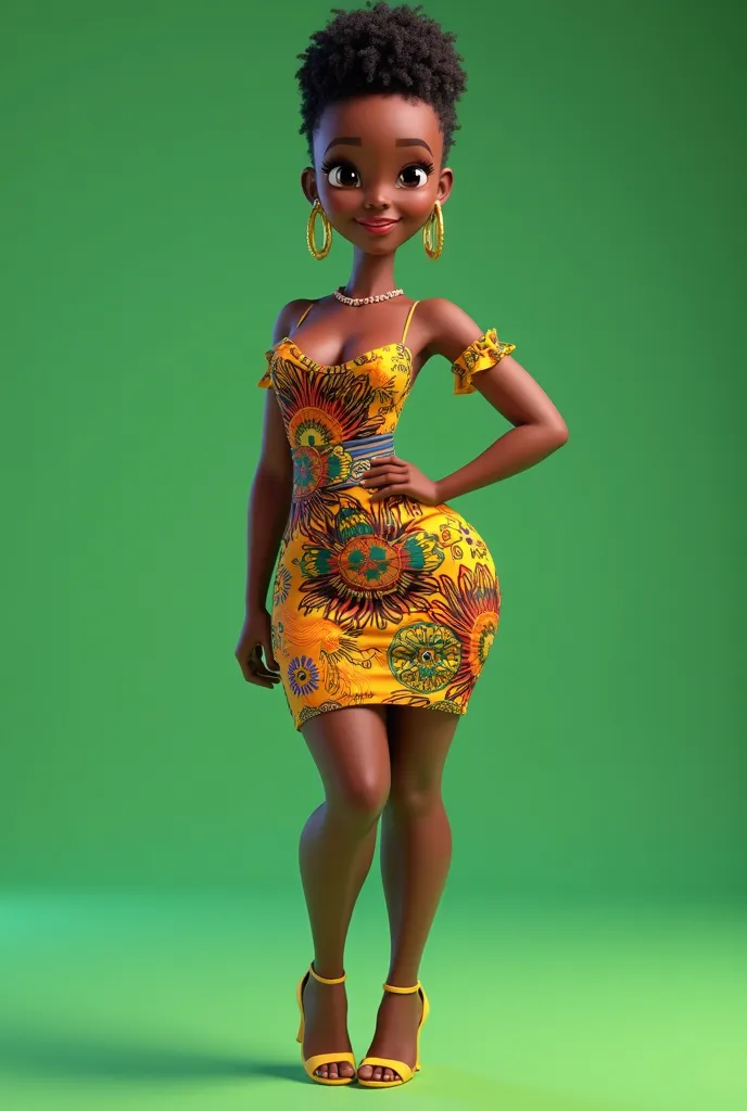 create a beautiful African lady with a beutiful ankara design dress , has a curvy body , nice bosoms and curvy hips , has a beautiful traditional short dress , has short shaved hair , 3d animation, standing in a t-pose ,Pixar animation , green background, ...