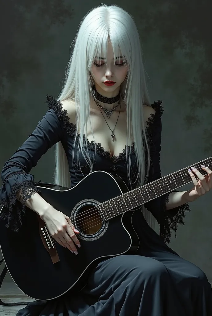 (photorealism:1.2), A gothic woman sits alone in a dimly lit room, her long, flowing white hair cascading over her shoulders like a ghostly veil. Her pale skin contrasts with her dark, velvet dress adorned with intricate lace and silver jewelry. Her crimso...