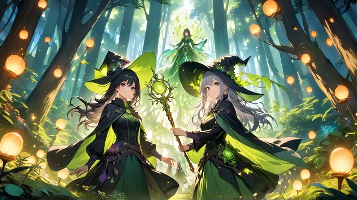 
Anime style, fantasy of another world, beautiful witch with silver hair, beautiful witch with black hair, smiling face, in the forest, nuts, two people practicing magic, magic wand, fantastic