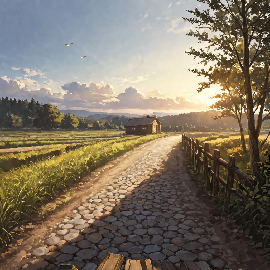 thatched-roof house, rustic countryside, morning light, warm sunlight, misty atmosphere, dirt road, wooden fence, lush greenery, early 1800s setting, pov, wooden wheel visible, cobblestone path, birds flying, distant trees, soft clouds, peaceful rural land...