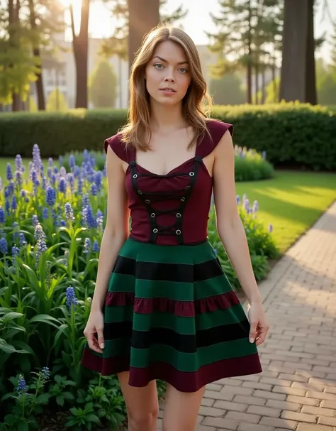 A candid yet refined photograph of a young woman with warm light-brown hair, slightly wavy at the ends, falling freely over her shoulders.

She wears an eye-catching dress with a fitted bodice in rich burgundy and black lace-up details, paired with a full ...