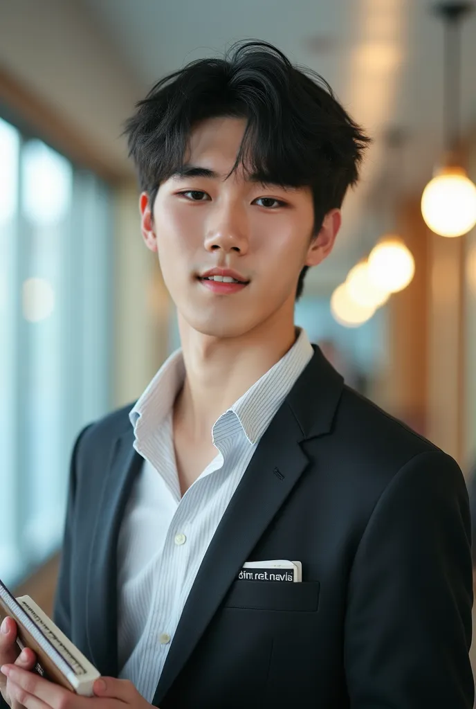 Korean male high school student, 18-19 years old, Tidy attire,  looks like holding a book ,  Confident Look , Bright interior background,  bright lights , Atmosphere of a successful student, Front portrait, 4k resolution