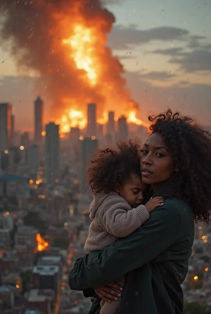 "A city skyline at dusk, violently shaking as a
powerful earthquake splits the ground. Buildings
collapse, and dust fills the air, In the foreground, a
mother with dark curly hair and brown skin clutches
her , her face frozen in terror. The chaos and
lestr...