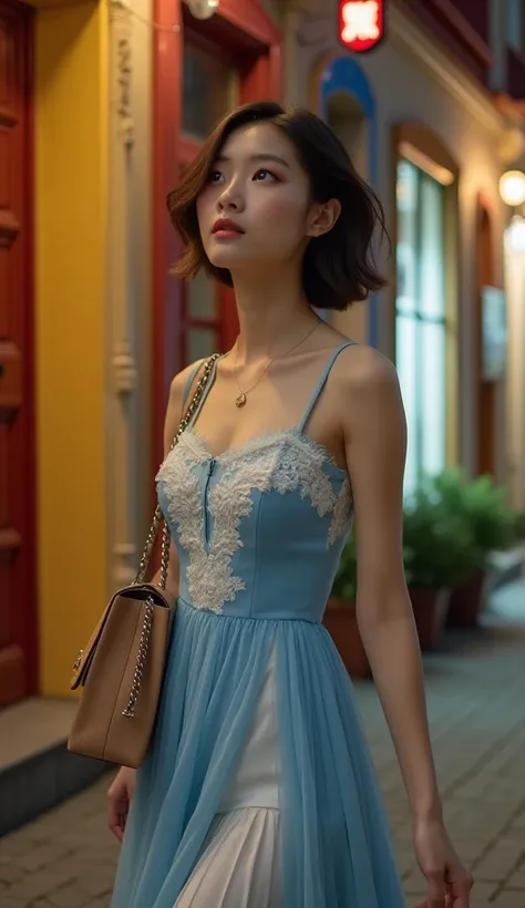 This stunning retro style realistic real photo professional features a graceful 22 year old young Korean woman with short, elegant hair, exuding elegance and charm with ease. She is wearing a stunning blue and white sheer dress, accentuated by her classic ...