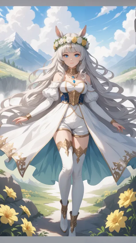 . A female character with long white hair and a flower crown. She wears a luxurious outfit decorated with white and gold, a long skirt, decorated shorts, and knee-high boots. She is young and fair-skinned. She has a calm expression and is looking straight ...