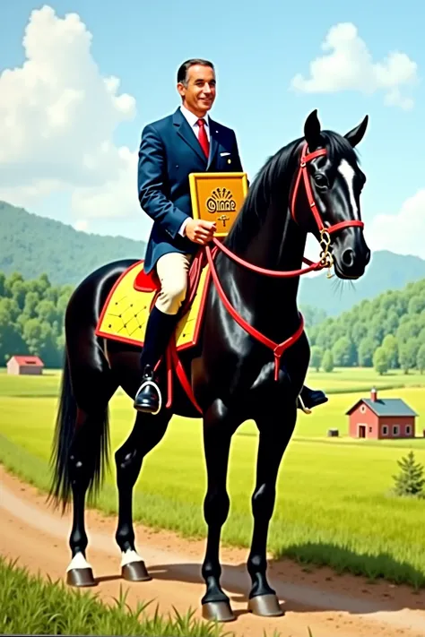 "President of Romania Calin Georgescu riding a majestic black horse, the horse adorned with a tablet prominently displaying the name 'Coman' in bold letters, set against a picturesque Romanian countryside backdrop with lush green fields and distant mountai...