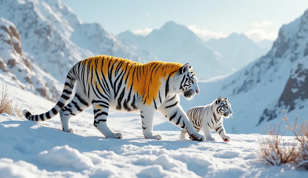 Snowy mountain landscape featuring two white tigers.  Large white tiger, covered in a textured, bumpy orange-yellow fur-like substance, walks confidently.  Smaller, white tiger cub follows closely behind, showcasing a playful and innocent demeanor.  The an...