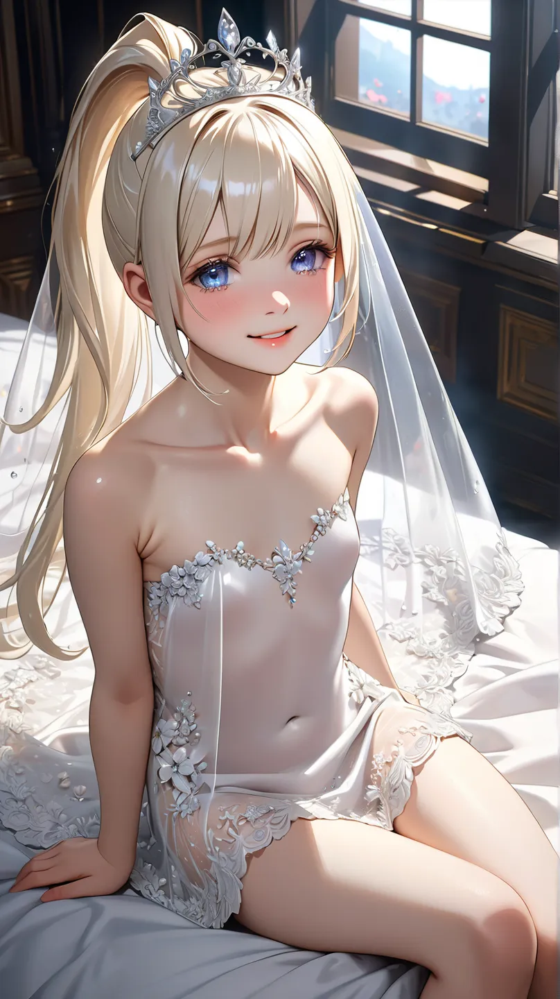 ((TOP QUALITY)), (( Masterpiece)), (details), high resolution,  super fine,8k,Realistic, delicate and sophisticated eyes,2.5D,Realistic high definition backgrounds,naked glossy albino angel girl doll,(((14years old))),glossy steel hair, ((ponytail)), steel...