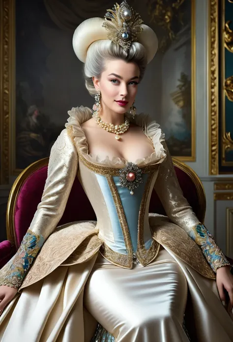 **"A mind blowing awe-photography inspiring, hyper-realistic portrait of the celestial and majestic and beautiful and elegant and ethereal Madame de Pompadour, the formidable chief mistress of King Louis XV. She exudes an aura of supreme authority, old-fas...