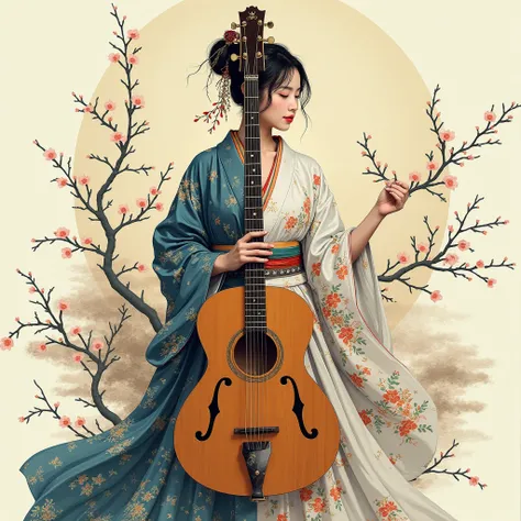 Create an image of a guitar on one side and a、Kimono Pose、Create an image of a Japanese woman on the other side 