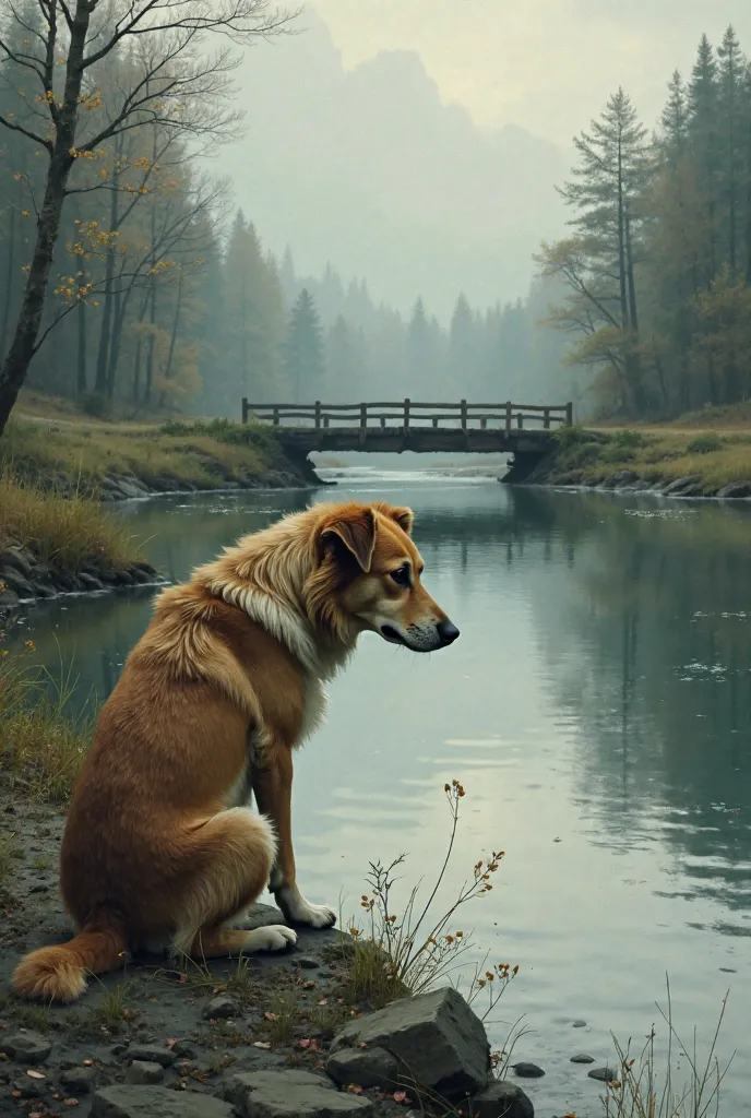 Sad dog and conclusion
- The dog sits sadly by the bridge, looking at the water