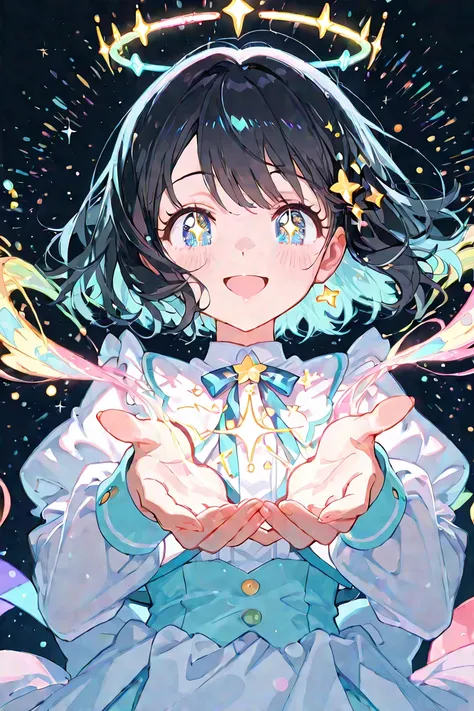 
“A cute anime-style girl with pastel colors, enthusiastically raising both hands high in the air, expressing pure excitement and joy. Her long, flowing black hair sways dynamically as she celebrates with a wide, radiant smile and sparkling eyes filled wit...