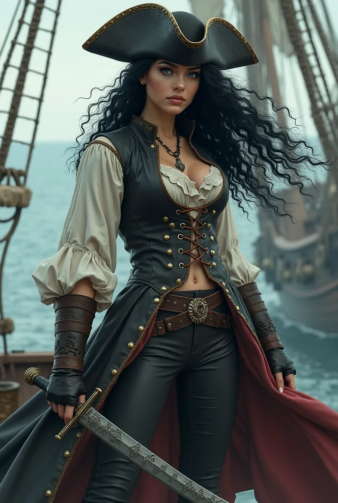 ((((big  female pirate, (humid, photorealistic), masterpiece))), pirate hat), leather vest, chrome rivets, laces, open unbuttoned, leather pants, rapier sword etched swirls, wind, windy, long curly glassblack hair, background pirate ship, vivid blue eyes
