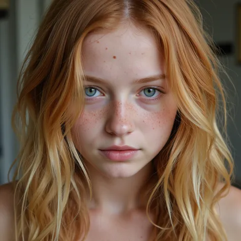 The focus is on the butt, full body shot, {sixteen-year-old girl, From Ireland, (chubby:0.67), (sky blue eyes),  messy , soaked, reddish blonde hair, wavy,  candid pose, Head tilt downwards. Very cute little stub nose that points strongly upwards,  pale wh...